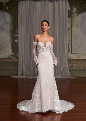 Strapless Ivory Lace Glitter Tulle Wedding Dress With Detachable Sleeves